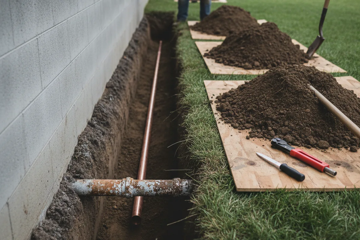 Excavated water line trench during Sewer Line Repair in Loachapoka
